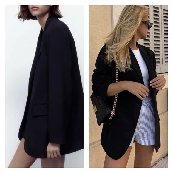 ZARA Black Oversized Tuxedo Blazer Jacket Large Blogger Favorite NWT - Picture 8 of 12